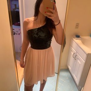 One Shoulder Mini Dress. Tight top flowwy bottom